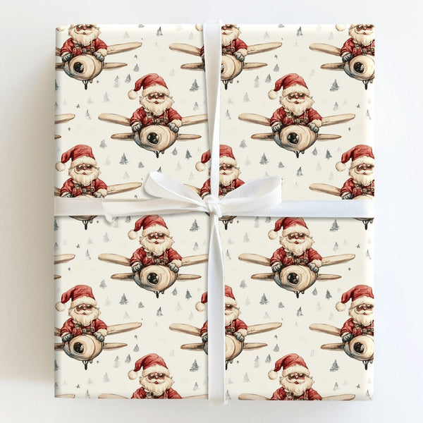 Vintage Pilot Christmas Gift Wrap, Airplane Santa Wrapping Paper, Whimsical Aviation Wrapping Paper, Aviation Holiday Wrappin