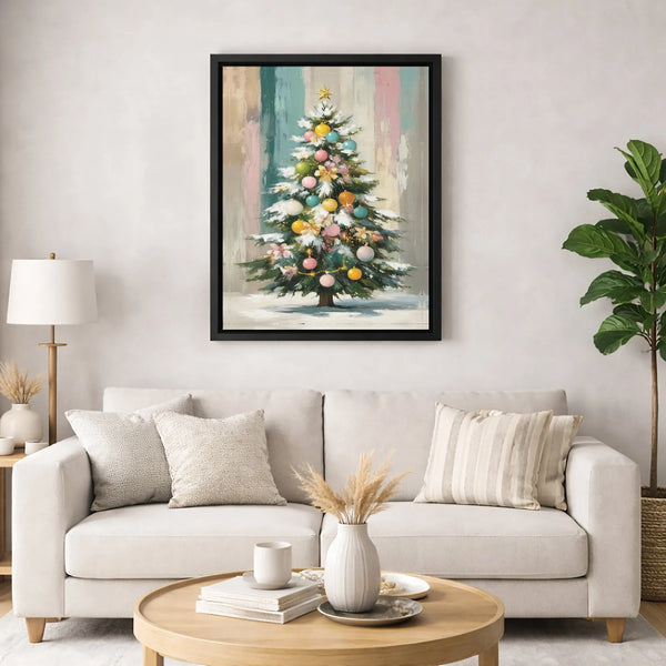 Snowy Pine Tree Canvas Print, Pastel Christmas Tree Wall Art Digital Download, Adorable Colorful Holiday Poster, Winter Wall 