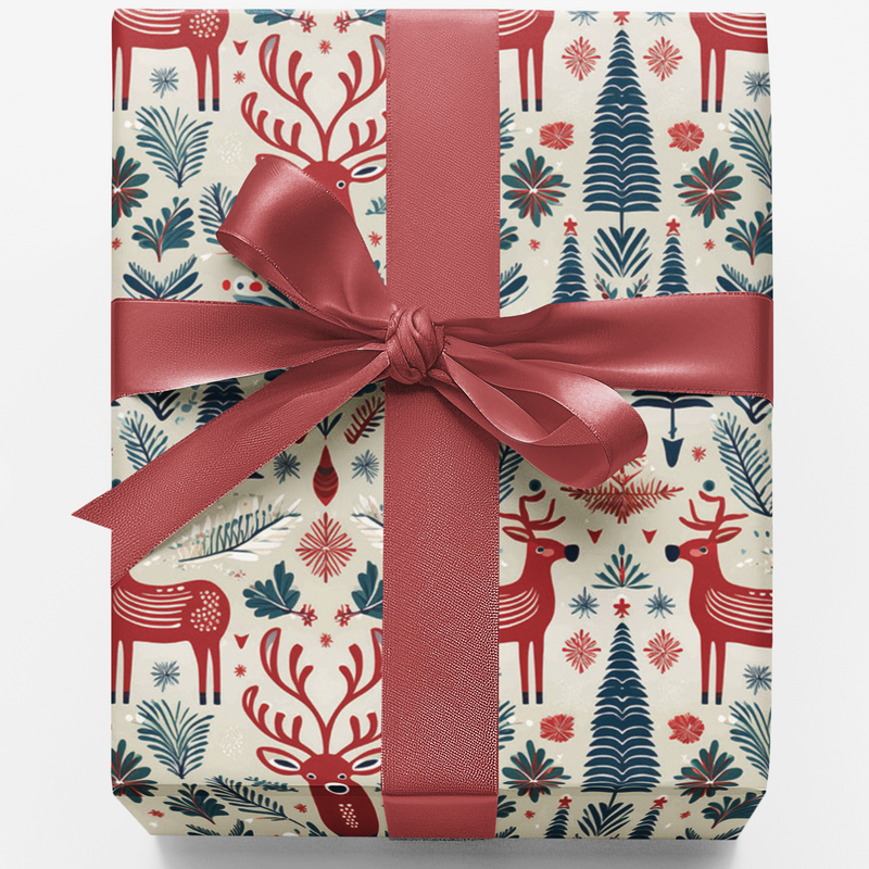Nordic Deer Christmas Gift Wrap, Scandi Reindeer Wrapping Paper, Evergreen Forest Holiday Wrapping Paper, Adorable Xmas Gift Wrap, Winter Paper