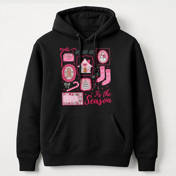 Pink Aesthetic Holiday Hooded Sweatshirt, Tis the Season Christmas Hoodie, Adorable Xmas Icon Pullover, Retro Holiday Present