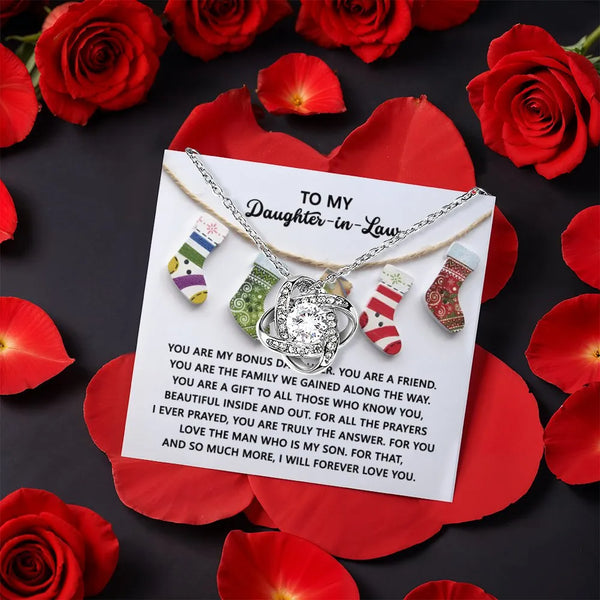 Sparkling CZ Pendant Necklace, Daughter-in-Law Love Knot Necklace, White Gold Finish Knot Jewelry, Heartfelt Holiday Christma