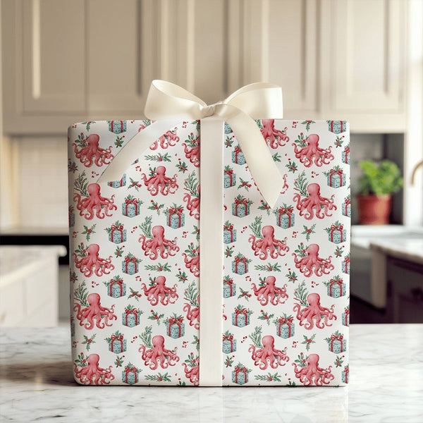 Coastal Nautical Holiday Gift Wrap, Christmas Octopus Wrapping Paper, Red Octopus Xmas Wrapping Paper, Whimsical Marine Life 