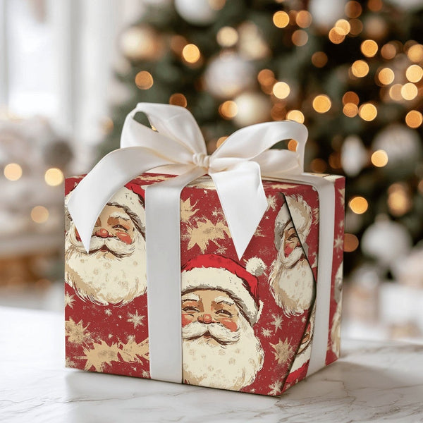 Retro Christmas Gift Wrap, Vintage Santa Claus Wrapping Paper, Nostalgic Santa Face Gift Wrapping Paper, Holiday Season Prese