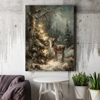 Snowy Winter Forest Lit Tree Canvas Print, Christmas Deer Canvas Wall Art, Rustic Holiday Stag Wall Decor, Festive Christmas Present