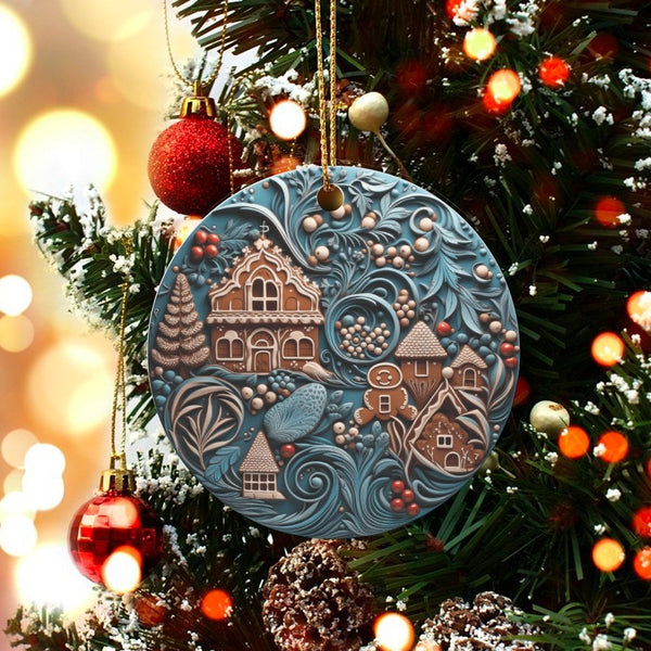 Village Gingerbread Holiday Ornament, Gingerbread House Christmas Ornament, Ceramic Gingerbread Tree Ornament, Festive Home D