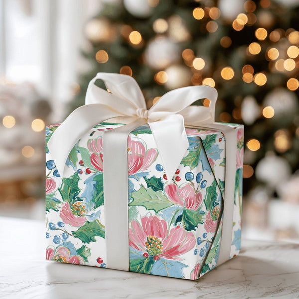 Watercolor Floral Gift Wrap, Pink Christmas Rose Wrapping Paper, Holly Berry Christmas Wrapping Paper, Elegant Winter Holiday