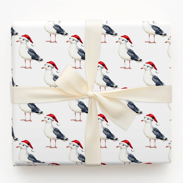 Coastal Christmas Gift Wrap, Santa Hat Seagull Wrapping Paper, Watercolor Beach Bird Present Paper, Nautical Holiday Gift Wra