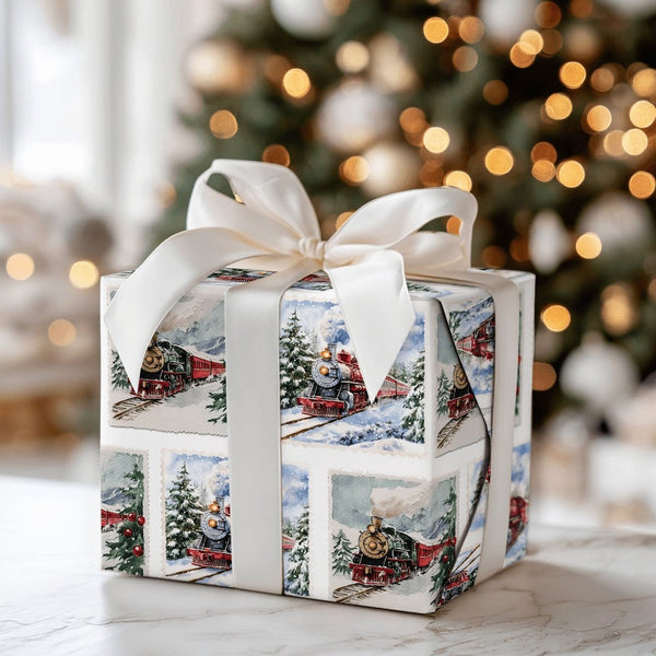 Christmas Locomotive Gift Wrap, Vintage Steam Train Wrapping Paper, Watercolor Train Wrapping Paper, Holiday Winter Train Gif