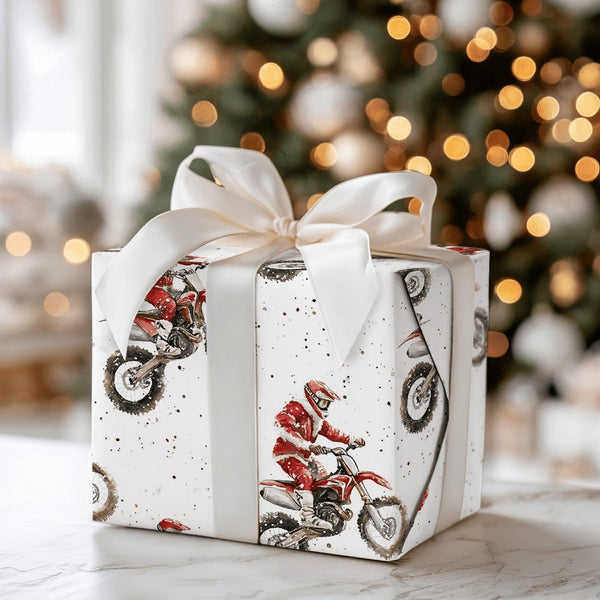 Dirt Bike Christmas Gift Wrap, Motocross Santa Wrapping Paper, Motorcycle Holiday Wrapping Paper, Extreme Sports Santa Gift W