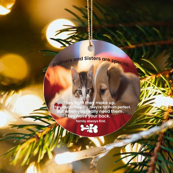 Sibling Family Ornament, Brothers and Sisters Cat and Dog Ornament, Ceramic Pet Quote Ornament, Christmas Tree Decoration, Si