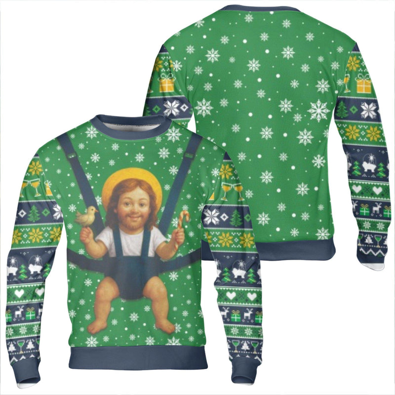 Humorous Religious Holiday Sweatshirt, Baby Jesus Ugly Christmas Sweatshirt, Retro Xmas Graphic Crewneck, Secret Santa Present Sweatshirt