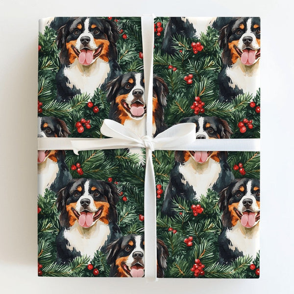 Festive Pine Holly Berry Gift Wrap, Bernese Mountain Dog Christmas Wrapping Paper, Holiday Dog Lover Present Paper, Winter Gi