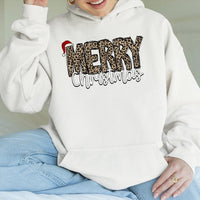 Festive Holiday Lettering Hooded Sweatshirt, Merry Christmas Leopard Hoodie, Adorable Xmas Leopard Pullover Hoodie, Winter Holiday Party Hoodie