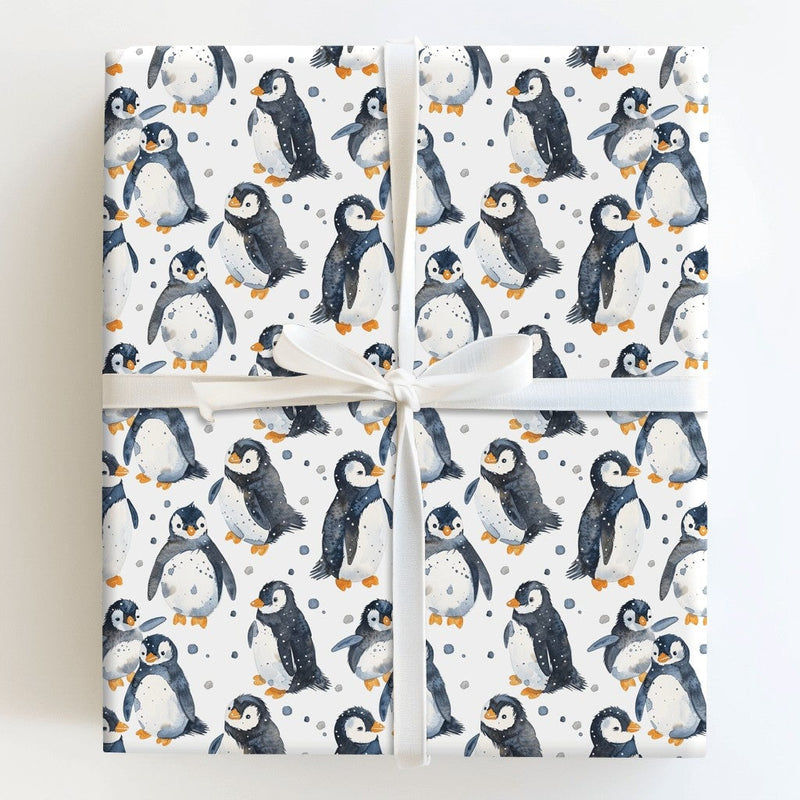 Adorable Winter Animal Gift Wrap, Watercolor Penguin Wrapping Paper, Arctic Bird Holiday Present Wrap, Baby Shower Christmas Wrapping Paper