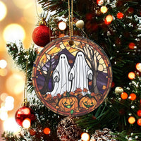 Spooky Pumpkin Holiday Ornament, Stained Glass Ghost Christmas Ornament, Halloween Jack-o-Lantern Ceramic Ornament, Adorable Ghostly Present
