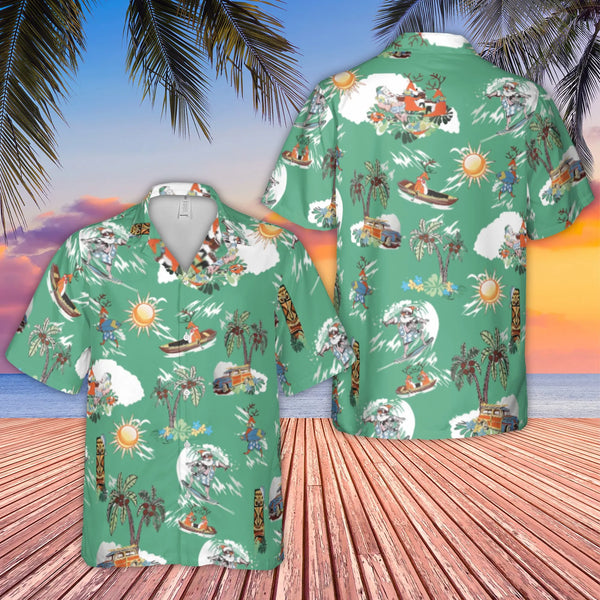 Tropical Christmas Reindeer Shirt, Surfing Santa Hawaiian Shirt, Humorous Holiday Beach Button Up Shirt, Xmas Party Vacation 