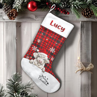 Red Buffalo Plaid Holiday Stocking, Personalized Highland Cow Christmas Stocking, Custom Name Xmas Stocking, Festive Family Holiday Decor