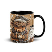 Winter Animal Coffee Mug, Comfy Highland Cow Mug, Knit Hat Scarf Ceramic Cup, Adorable Christmas Tea Mug, Holiday Present for Animal Lovers