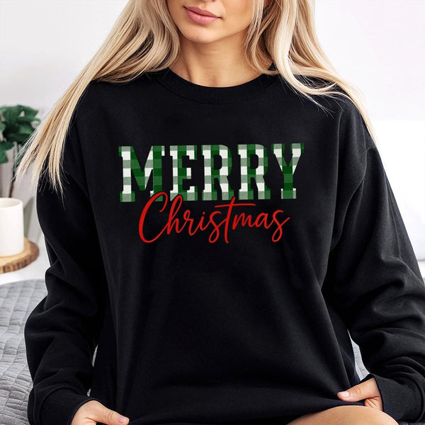 Green Buffalo Plaid Typography Sweater, Merry Christmas Sweatshirt, Festive Holiday Crewneck, Winter Plaid Pullover, Xmas Pre