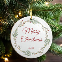 Festive Holiday Wreath Christmas Ornament, Merry Christmas 2025 Ceramic Ornament, Seasonal Tree Decor, New Year Keepsake Ornament Present