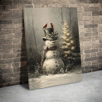 Winter Cardinal Canvas Print, Christmas Snowman Canvas Wall Art, Holiday Scene Wall Art, Rustic Xmas Wall Decor, Christmas Home Art Present