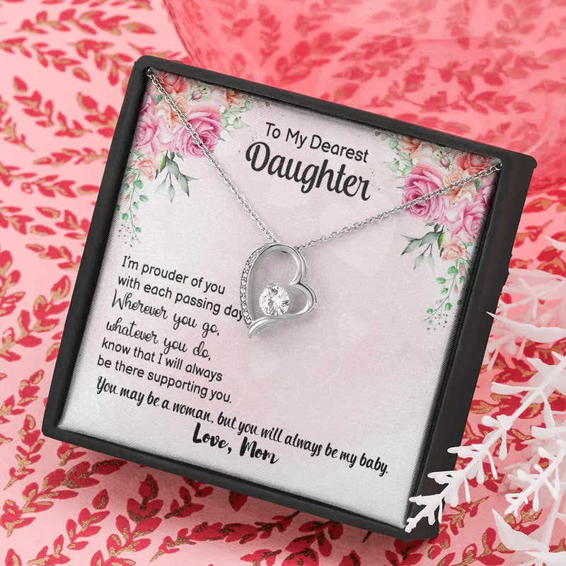 Forever Love Heart Pendant, To My Daughter Heart Necklace, 14K White Gold Finish Heart Jewelry, Birthday Present from Mom, Christmas Keepsake