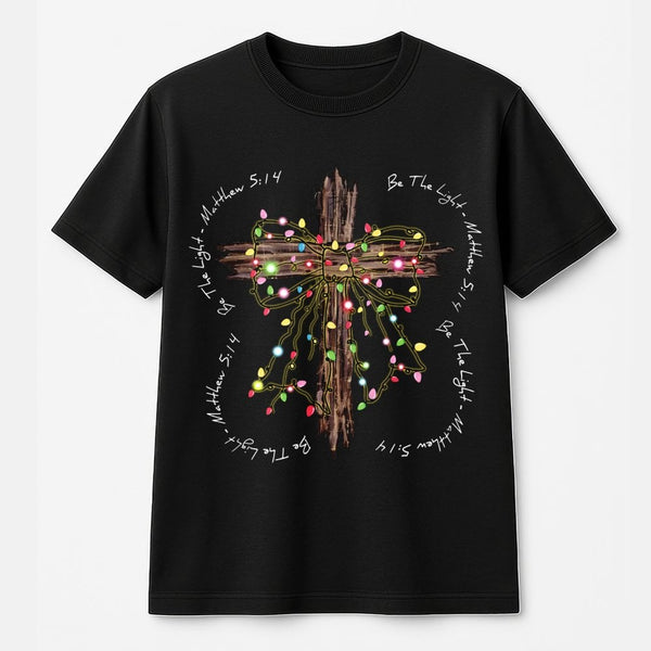 Christian Christmas Lights Cross Shirt, Be the Light Matthew 5 14 T-Shirt, Bible Verse Holiday Tee, Religious Faith Graphic T