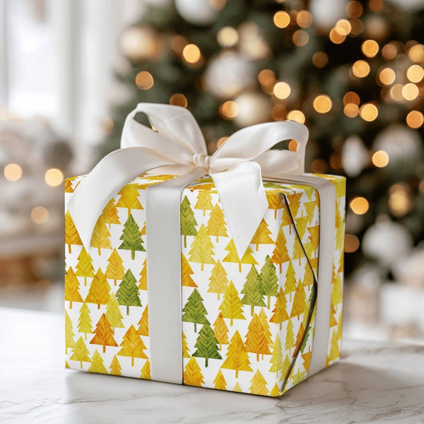 Gold Green Pine Tree Wrapping Paper, Watercolor Christmas Tree Wrapping Paper, Modern Holiday Wrapping Paper, Forest Winter G