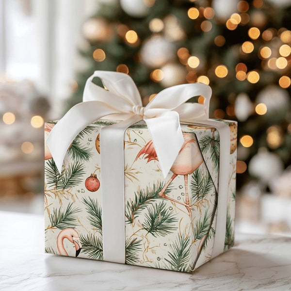 Coastal Holiday Gift Wrap, Pink Flamingo Christmas Wrapping Paper, Tropical Flamingo Wrapping Paper, Pine Branch Christmas Gi