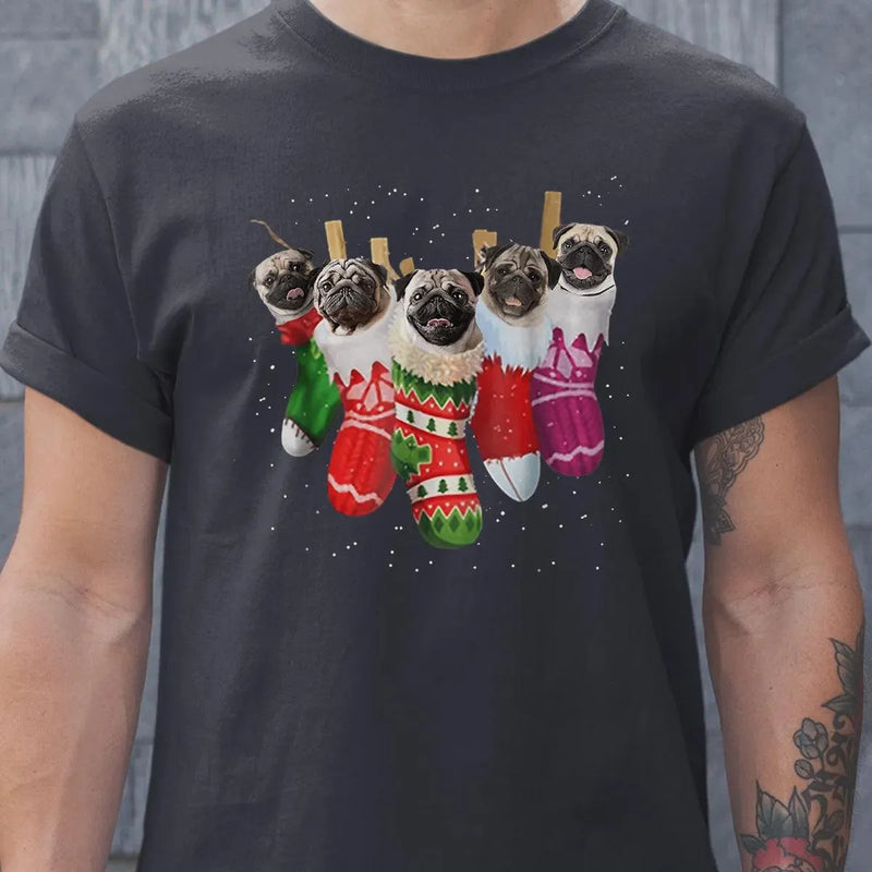 Humorous Xmas Pug Dog Shirt, Pug Christmas Socks T-Shirt, Holiday Animal Graphic Tee, Christmas Puppy Santa T-Shirt, Dog Lover Present