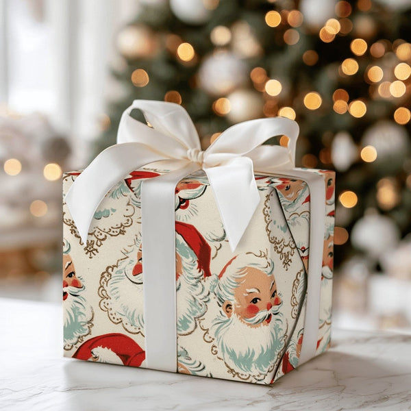 Retro Christmas Gift Wrap, Vintage Santa Claus Faces Wrapping Paper, Classic Holiday Wrapping Paper, Nostalgic Santa Present 