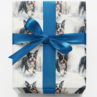 Snowy Winter Dog Gift Wrap, Boston Terrier Christmas Wrapping Paper, Boston Terrier Holiday Paper, Dog Lover Xmas Gift Wrapping Paper Roll