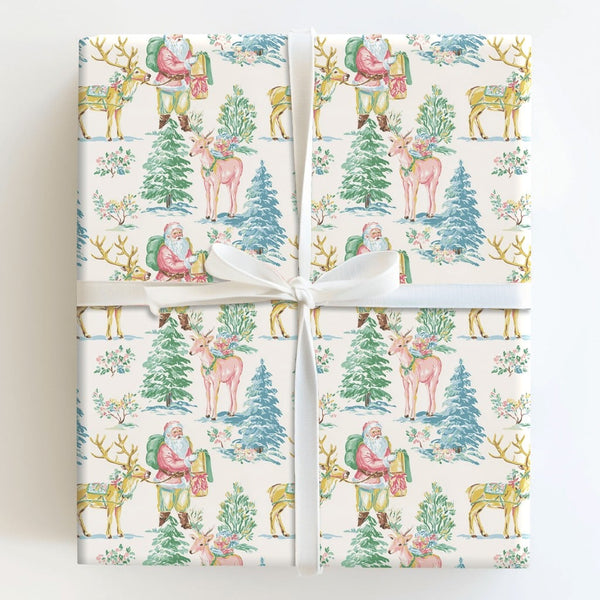 Whimsical Christmas Gift Wrap, Pastel Santa Reindeer Wrapping Paper, Pink Santa Holiday Wrapping Paper, Adorable Xmas Gift Wr