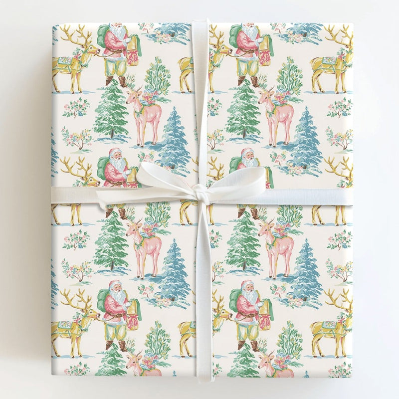 Whimsical Christmas Gift Wrap, Pastel Santa Reindeer Wrapping Paper, Pink Santa Holiday Wrapping Paper, Adorable Xmas Gift Wrap Roll