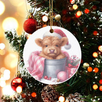 Santa Hat Plaid Cow Ornament, Baby Highland Cow Christmas Ornament, Adorable Farmhouse Animal Ceramic Ornament, Holiday Tree Decor Present