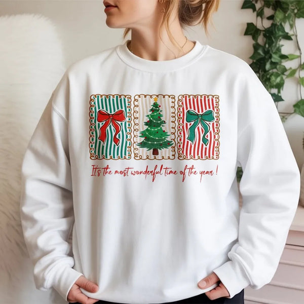 Christmas Tree Bow Sweatshirt, Most Wonderful Time of the Year Sweatshirt, Retro Holiday Crewneck Sweater, Womens Holiday Swe