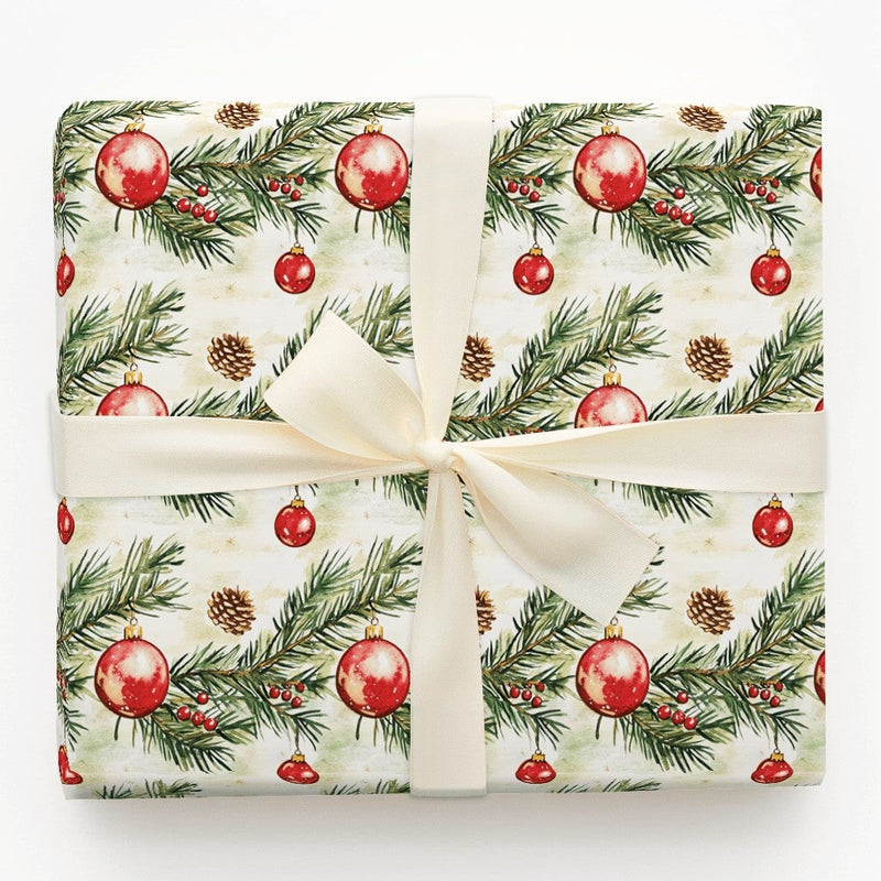 Pine Branch Christmas Gift Wrap, Watercolor Red Ornament Wrapping Paper, Pinecone Berry Wrapping Paper
