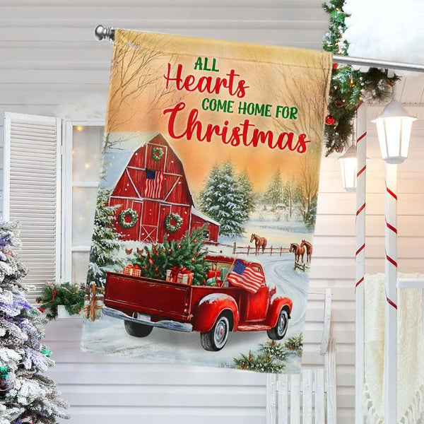 Red Truck Barn Holiday Flag, Farmhouse Christmas Garden Flag, All Hearts Come Home Winter Flag, Rustic Americana Yard Flag De
