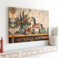 Vintage Folk Art Holiday Canvas Wall Art, Dala Horse Christmas Canvas Print, Scandinavian Seasonal Canvas, Winter Still Life Wall Art Present