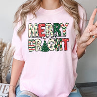 Festive Pattern Holiday T-Shirt, Merry and Bright Christmas T-Shirt, Adorable Winter Christmas T-Shirt, Merry Xmas Tee, Holiday Present for Women