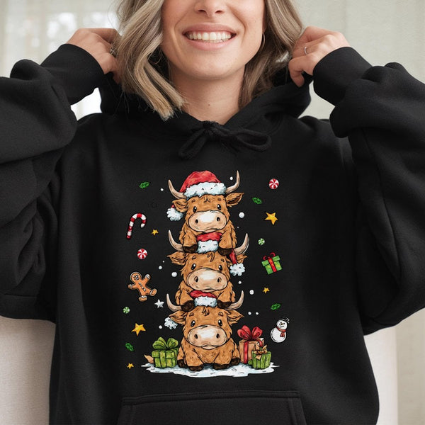 Stacked Farm Animal Holiday Sweatshirt, Adorable Highland Cow Christmas Hoodie, Festive Rustic Cow Pullover, Comfy Winter Xma