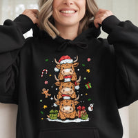 Stacked Farm Animal Holiday Sweatshirt, Adorable Highland Cow Christmas Hoodie, Festive Rustic Cow Pullover, Comfy Winter Xmas Hoodie