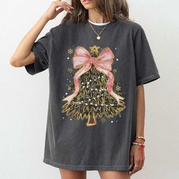 Pink Coquette Bow Holiday Tee, Camo Christmas Tree T-Shirt, Camouflage Christmas Shirt, Adorable Aesthetic Graphic Tee, Xmas 