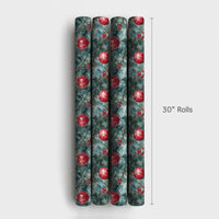 Pine Branch Christmas Gift Wrap, Watercolor Red Ornament Wrapping Paper, Holly Berry Wrapping Paper, Snowy Winter Holiday Wrapping Paper