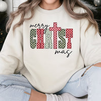 Checkered Holiday Cross Graphic Sweater, Merry Christmas Cross Sweatshirt, Christian Faith Christmas Crewneck, Religious Xmas Pullover