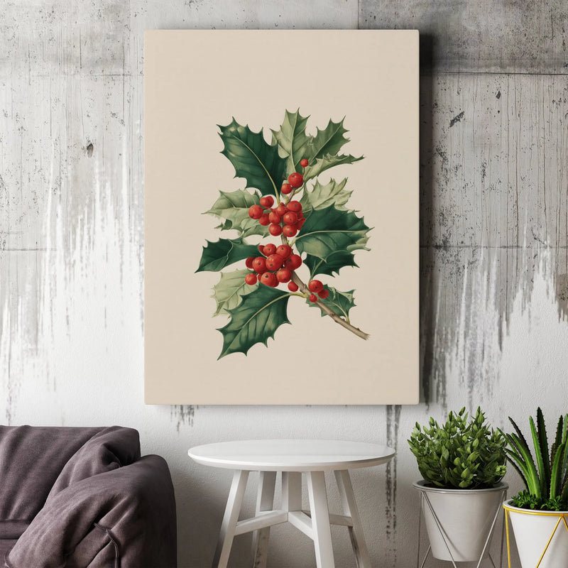 Vintage Botanical Illustration Canvas Print, Holly Berries Canvas Art, Winter Plant Wall Art, Holiday Nature Canvas Decor, Christmas Present