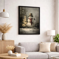 Christmas Tree and Bird Canvas Print, Vintage Snowman Wall Art, Whimsical Holiday Canvas, Retro Winter Wall Decor, Festive Xmas Home Present