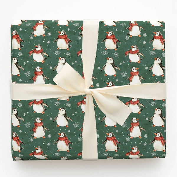 Dark Green Winter Penguin Gift Wrap, Christmas Penguin Wrapping Paper, Adorable Red Scarf Holiday Wrapping Paper, Festive Pre