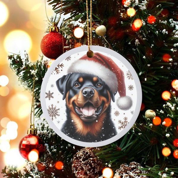 Santa Hat Dog Ceramic Ornament, Rottweiler Christmas Ornament, Adorable Puppy Holiday Tree Ornament, Pet Keepsake, Dog Lover 
