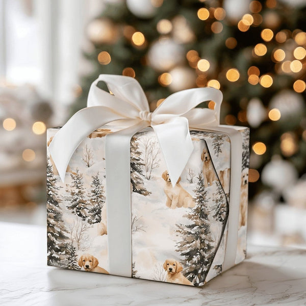 Snowy Puppy Holiday Gift Wrap, Golden Retriever Christmas Wrapping Paper, Winter Dog Xmas Wrapping Paper, Animal Lover Gift W